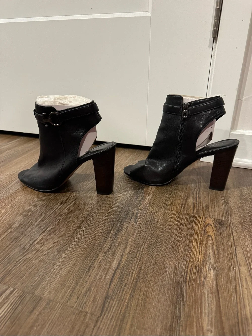 Coach Black Leather Open-Toe Ankle Booties with Buckle